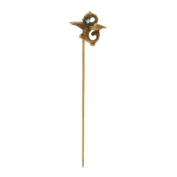 Yellow Gold Seed pearl Edwardian Pheonix Stickpin 14k Mythology